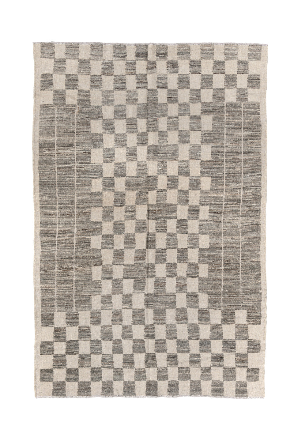 6' x 9' one-of-a-kind handmade vintage Tulu medium size rug. Color palette: black, gray, light gray, off-white, silver