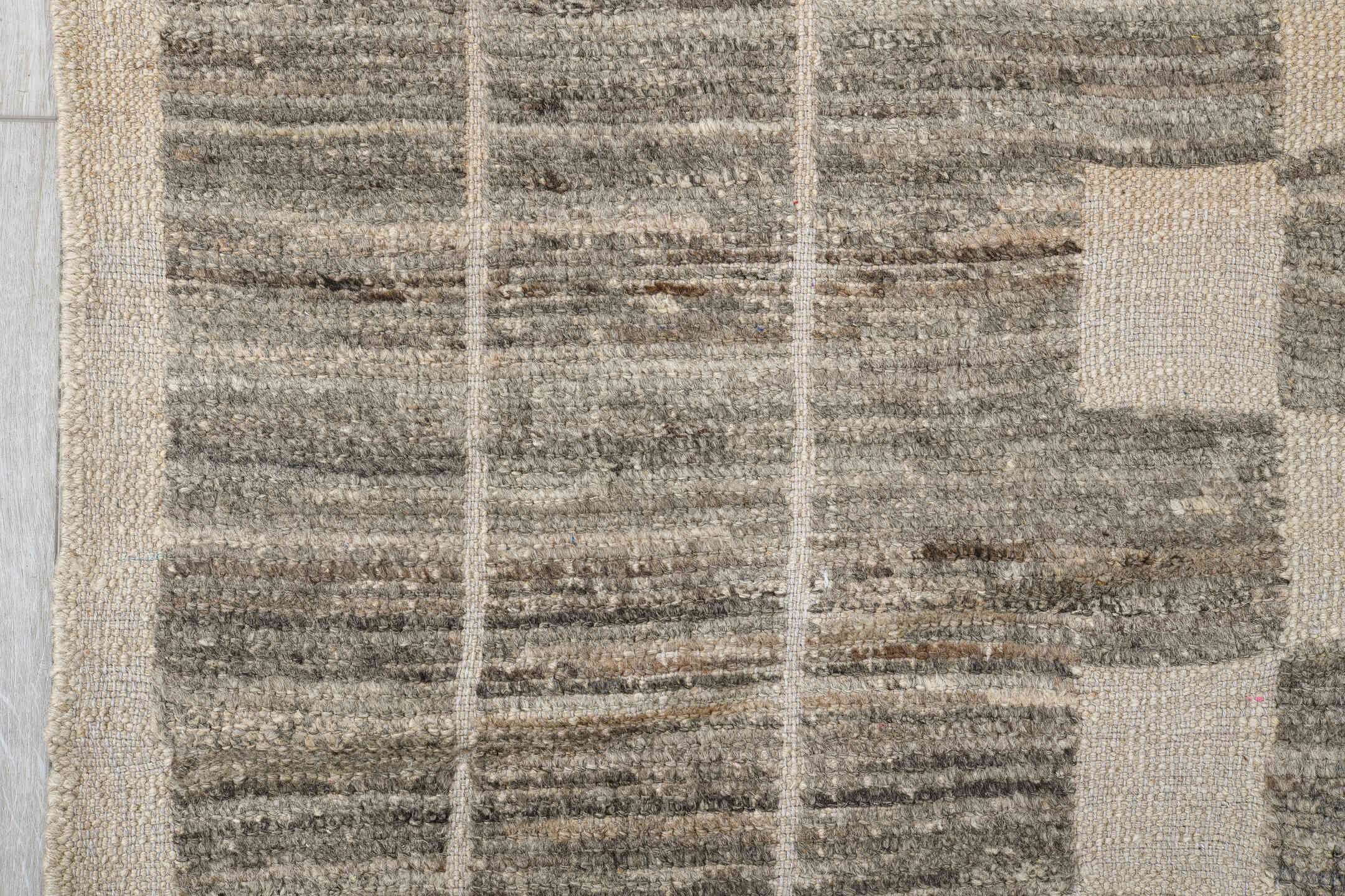 6' x 9' one-of-a-kind handmade vintage Tulu medium size rug. Color palette: ivory, gray, taupe, beige