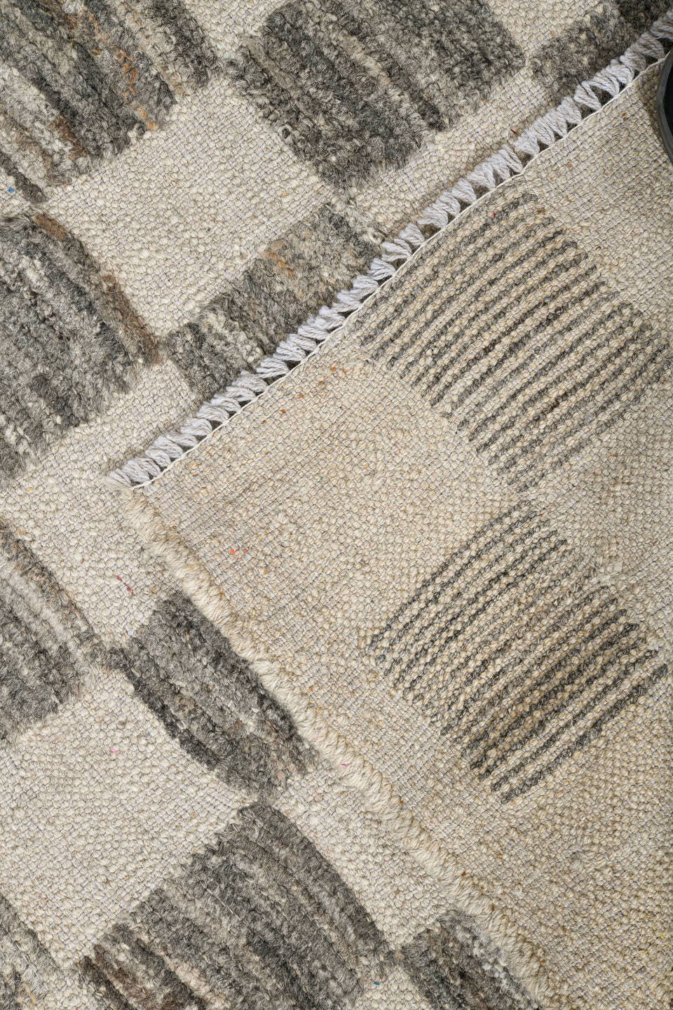 6' x 9' one-of-a-kind handmade vintage Tulu medium size rug. Color palette: ivory, gray, taupe, beige