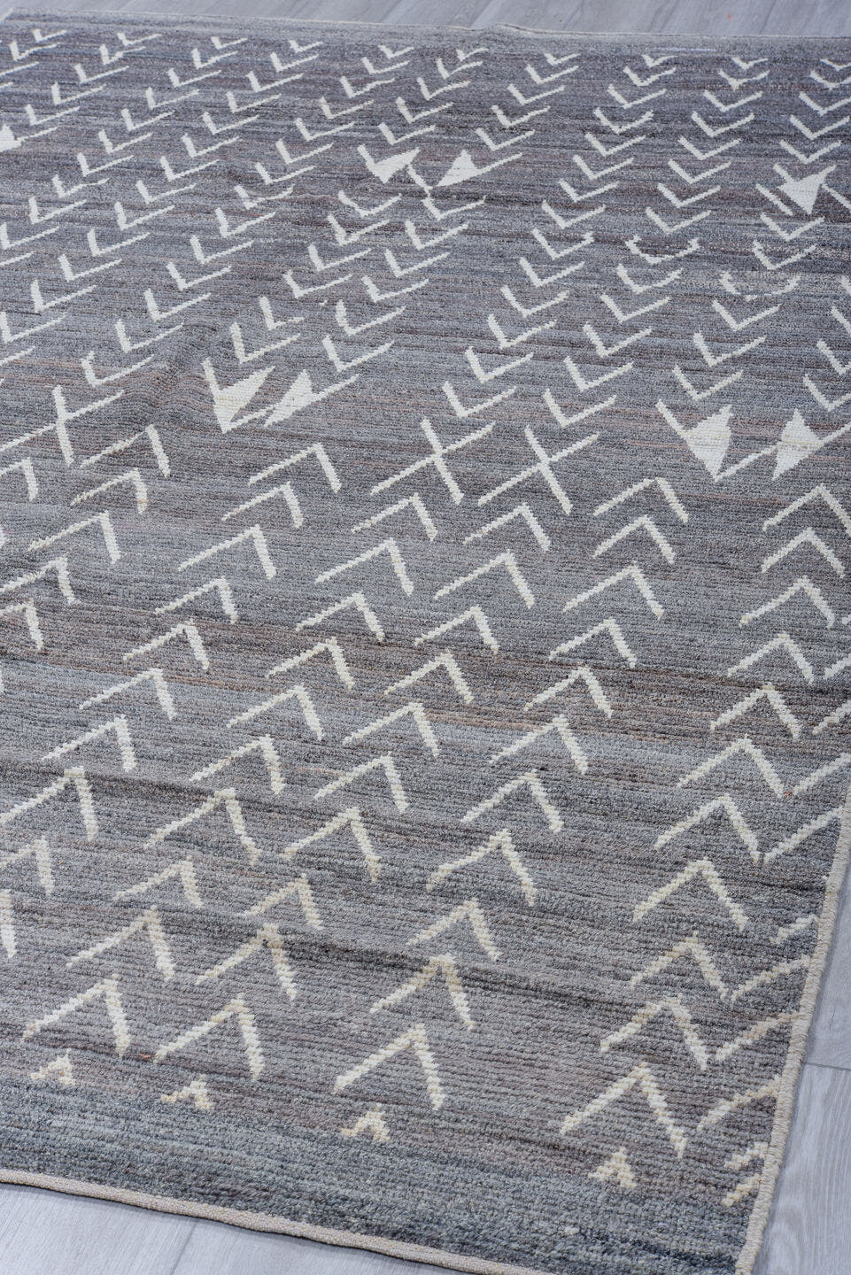 6' x 9' one-of-a-kind handmade vintage Tulu medium size rug. Color palette: gray, ivory, charcoal, black
