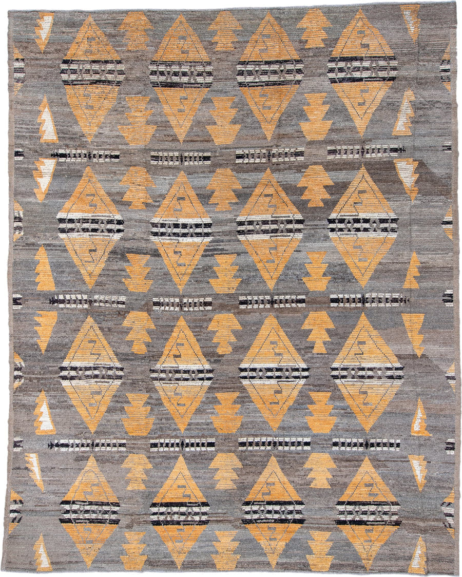 11' x 14' one-of-a-kind handmade vintage Tulu oversize rug. Color palette: gray, gold, ivory, charcoal, taupe, black, beige