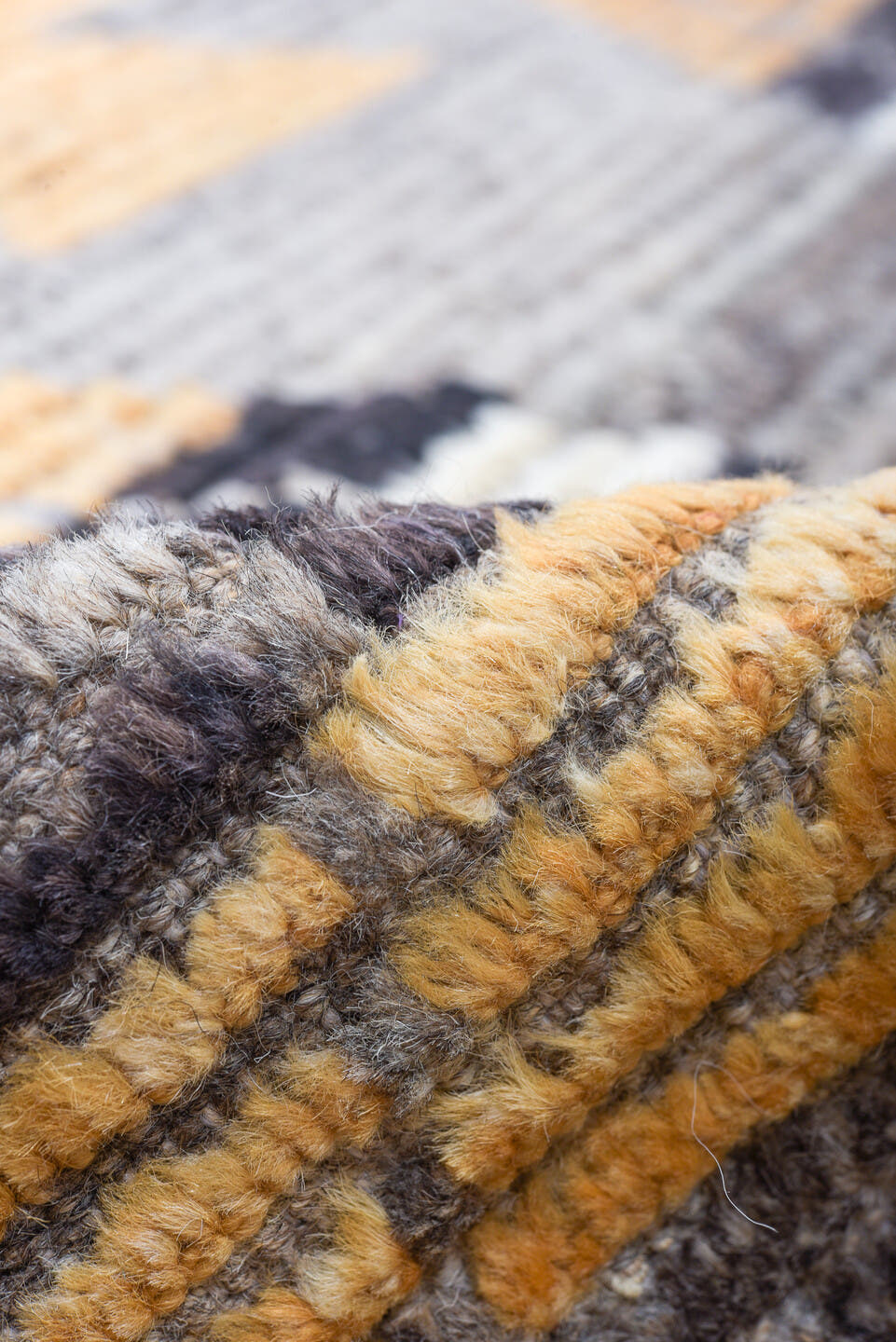 11' x 14' one-of-a-kind handmade vintage Tulu oversize rug. Color palette: gray, gold, ivory, charcoal, taupe, black, beige