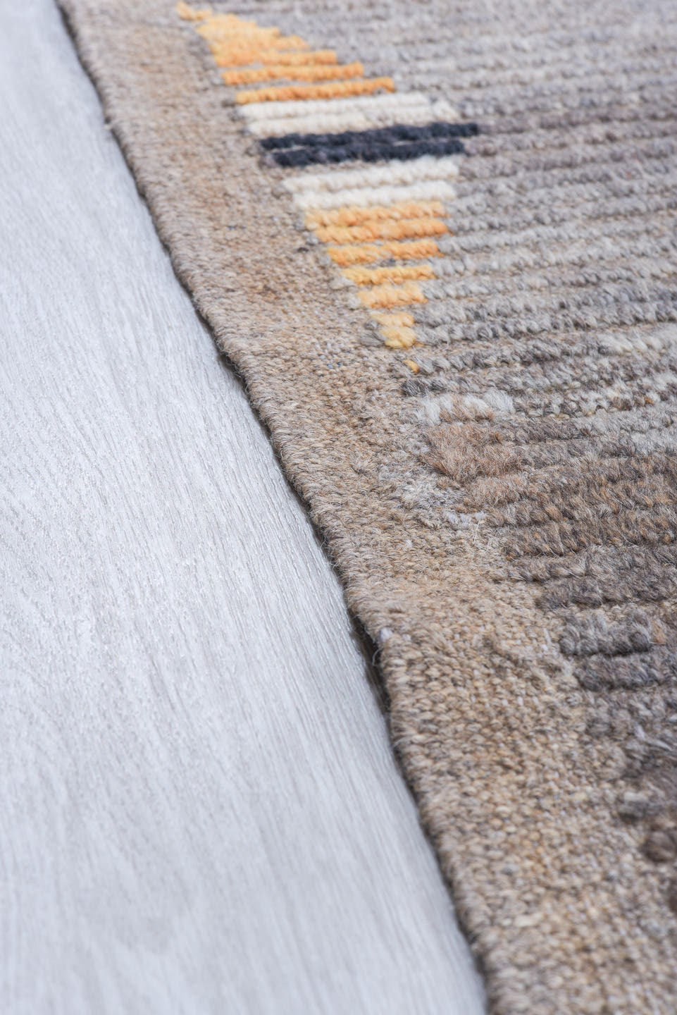 11' x 14' one-of-a-kind handmade vintage Tulu oversize rug. Color palette: gray, gold, ivory, charcoal, taupe, black, beige