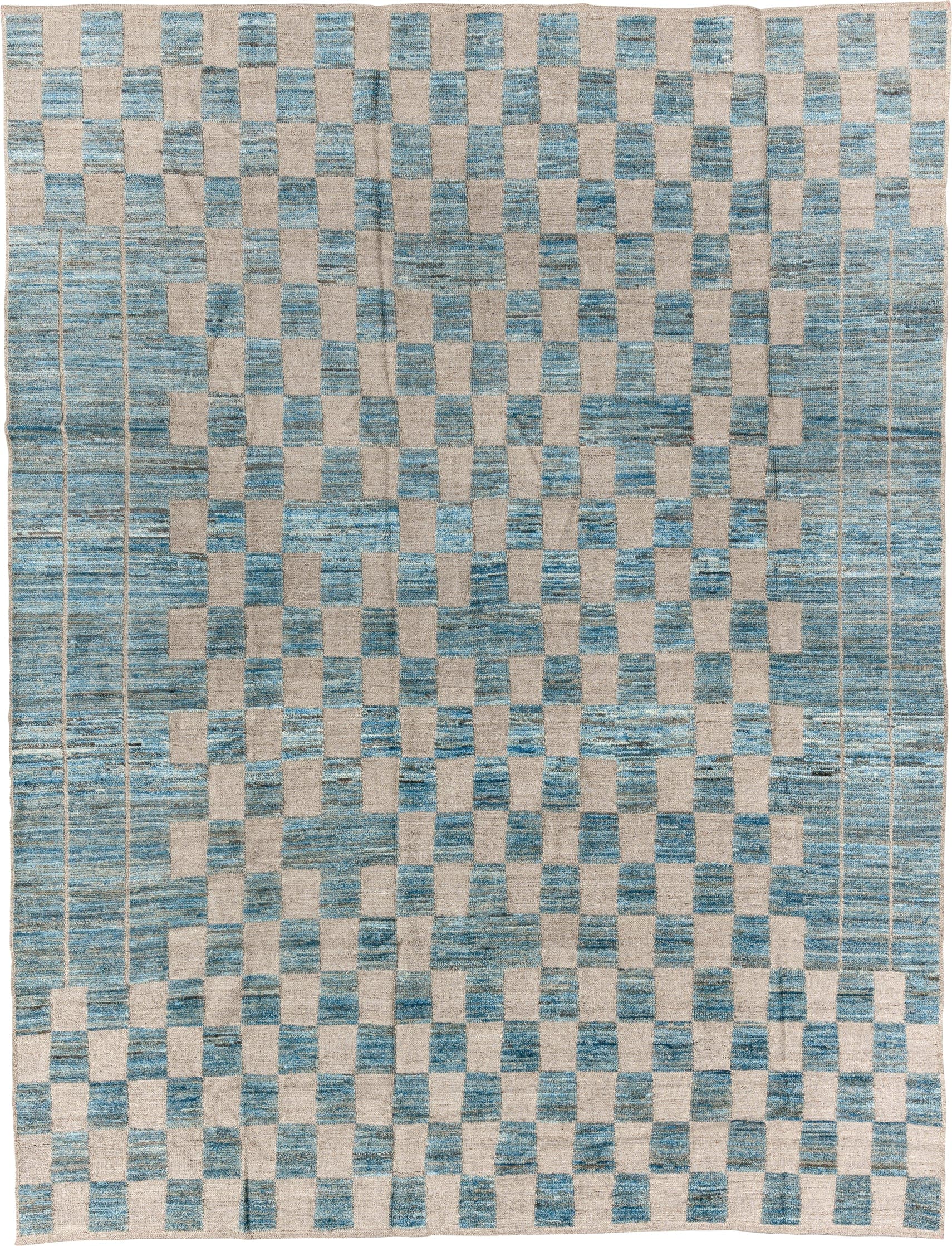8' x 11' one-of-a-kind handmade vintage Tulu large size rug. Color palette: sky blue, ivory, cream, taupe, light blue, beige