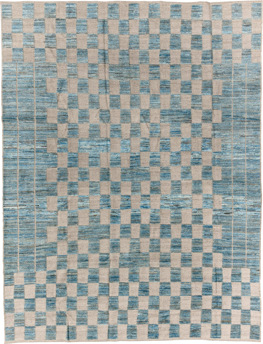 8' x 11' one-of-a-kind handmade vintage Tulu large size rug. Color palette: sky blue, ivory, cream, taupe, light blue, beige