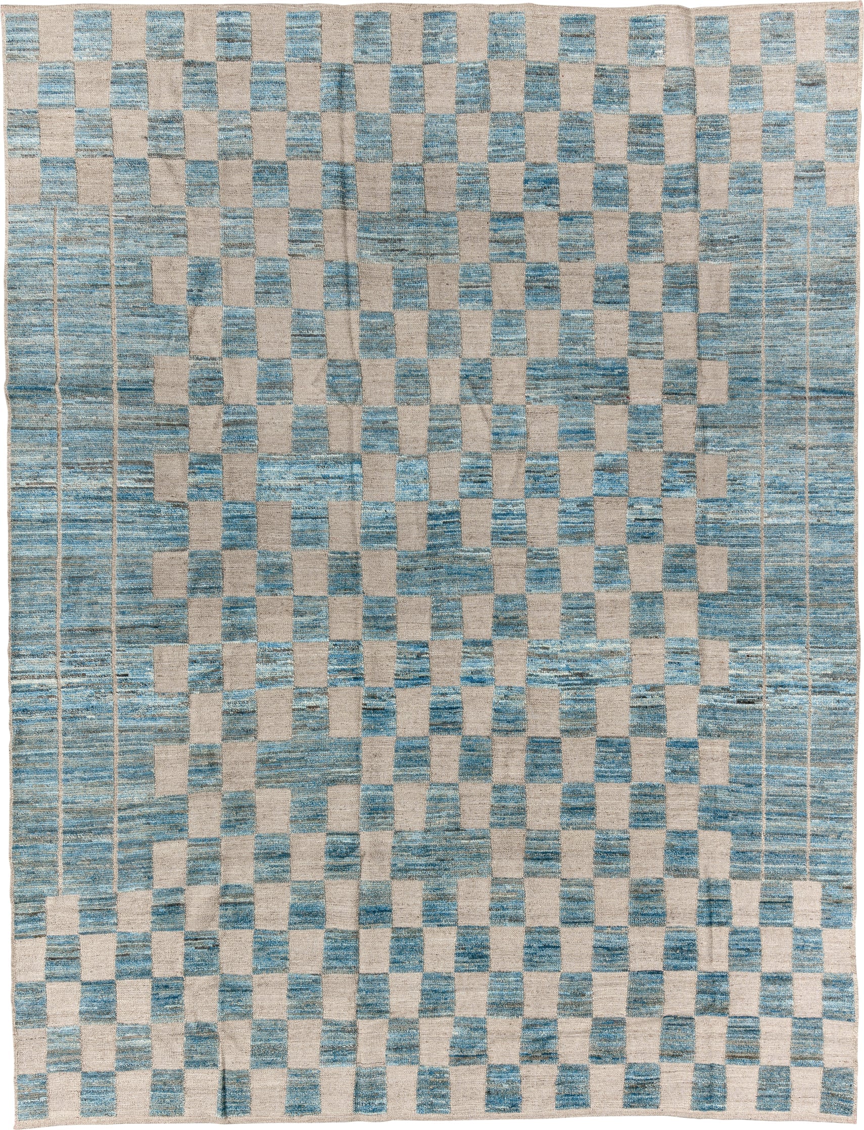 8' x 11' one-of-a-kind handmade vintage Tulu large size rug. Color palette: sky blue, ivory, cream, taupe, light blue, beige