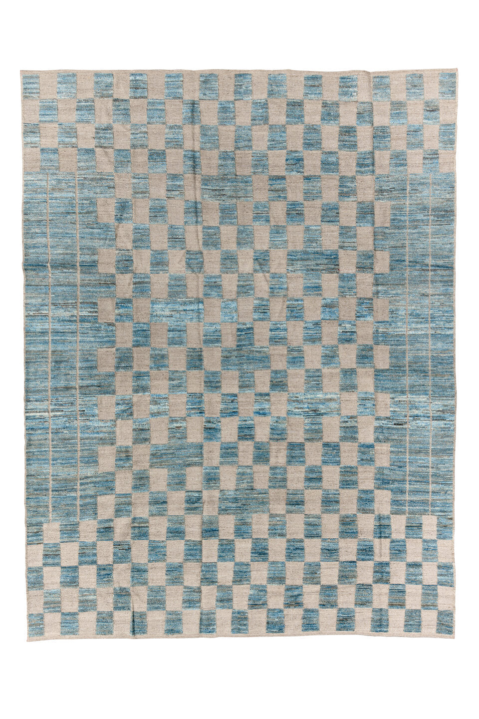 8' x 11' one-of-a-kind handmade vintage Tulu large size rug. Color palette: arapawa, black, blue, charcoal, dark gray, gray