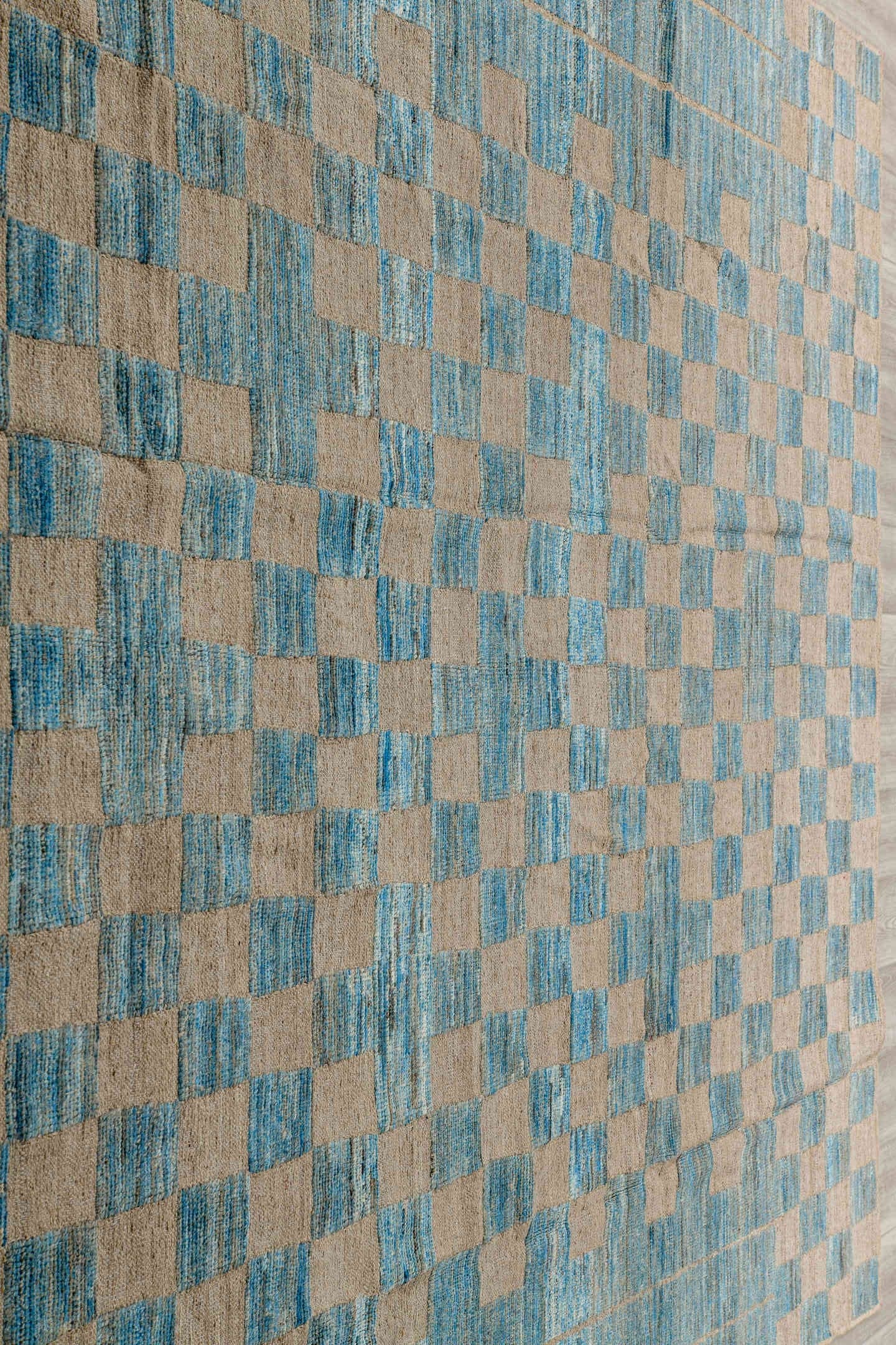 8' x 11' one-of-a-kind handmade vintage Tulu large size rug. Color palette: sky blue, ivory, cream, taupe, light blue, beige