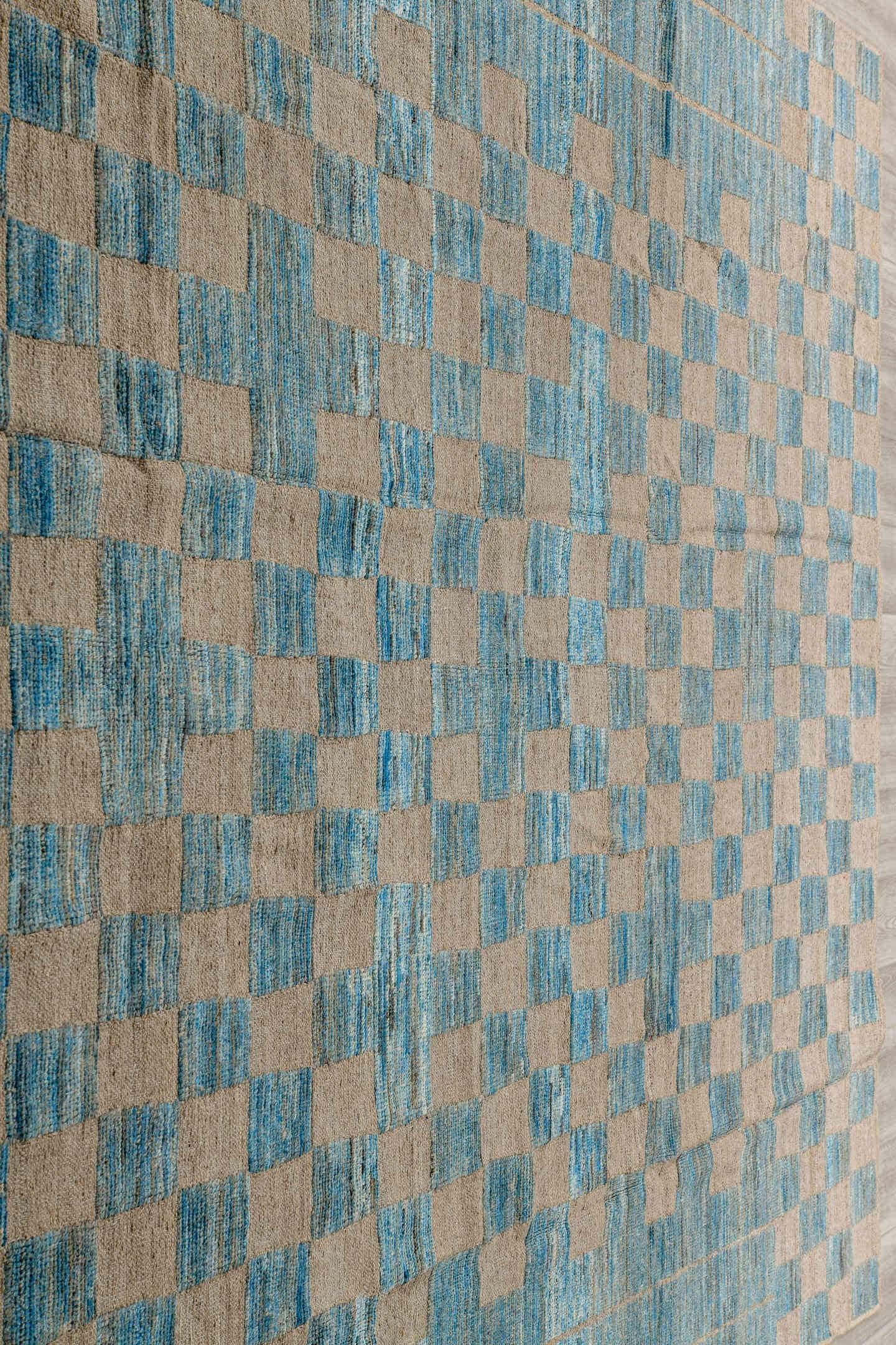 8' x 11' one-of-a-kind handmade vintage Tulu large size rug. Color palette: sky blue, ivory, cream, taupe, light blue, beige