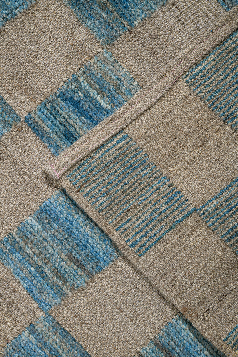 8' x 11' one-of-a-kind handmade vintage Tulu large size rug. Color palette: sky blue, ivory, cream, taupe, light blue, beige