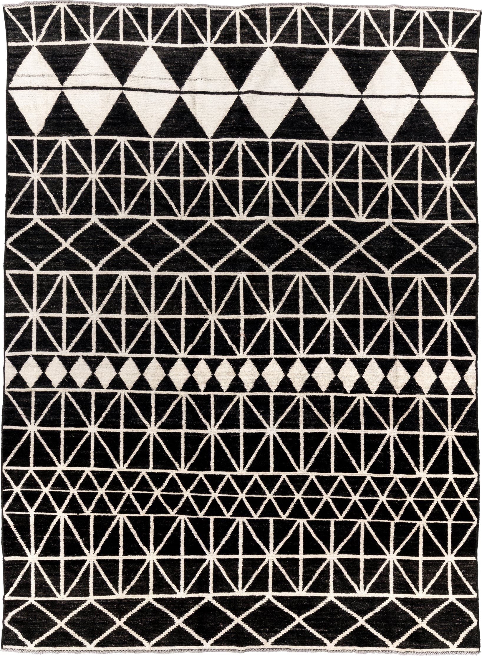 7' x 10' one-of-a-kind handmade vintage Tulu large size rug. Color palette: black, ivory