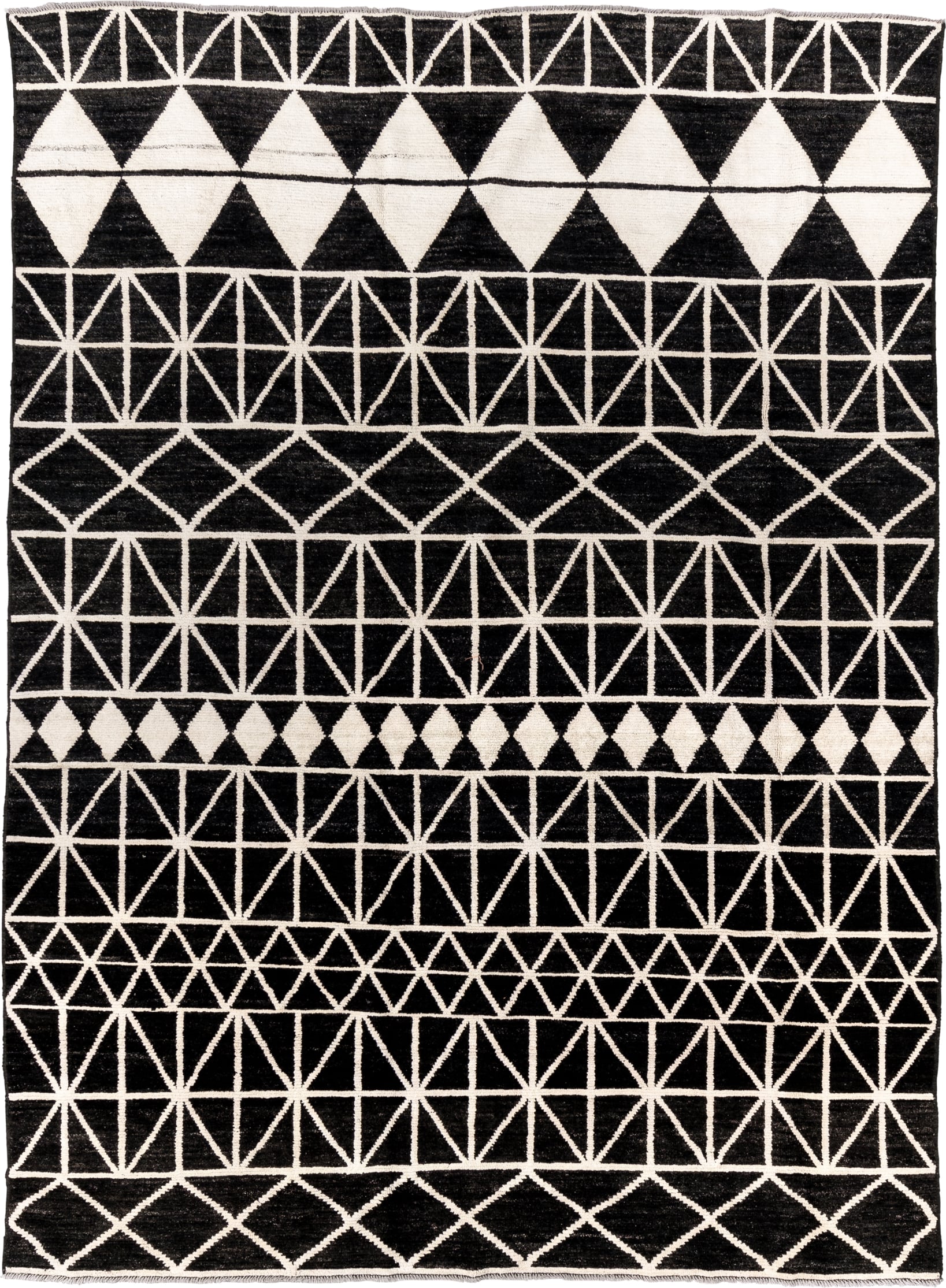 7' x 10' one-of-a-kind handmade vintage Tulu large size rug. Color palette: black, ivory