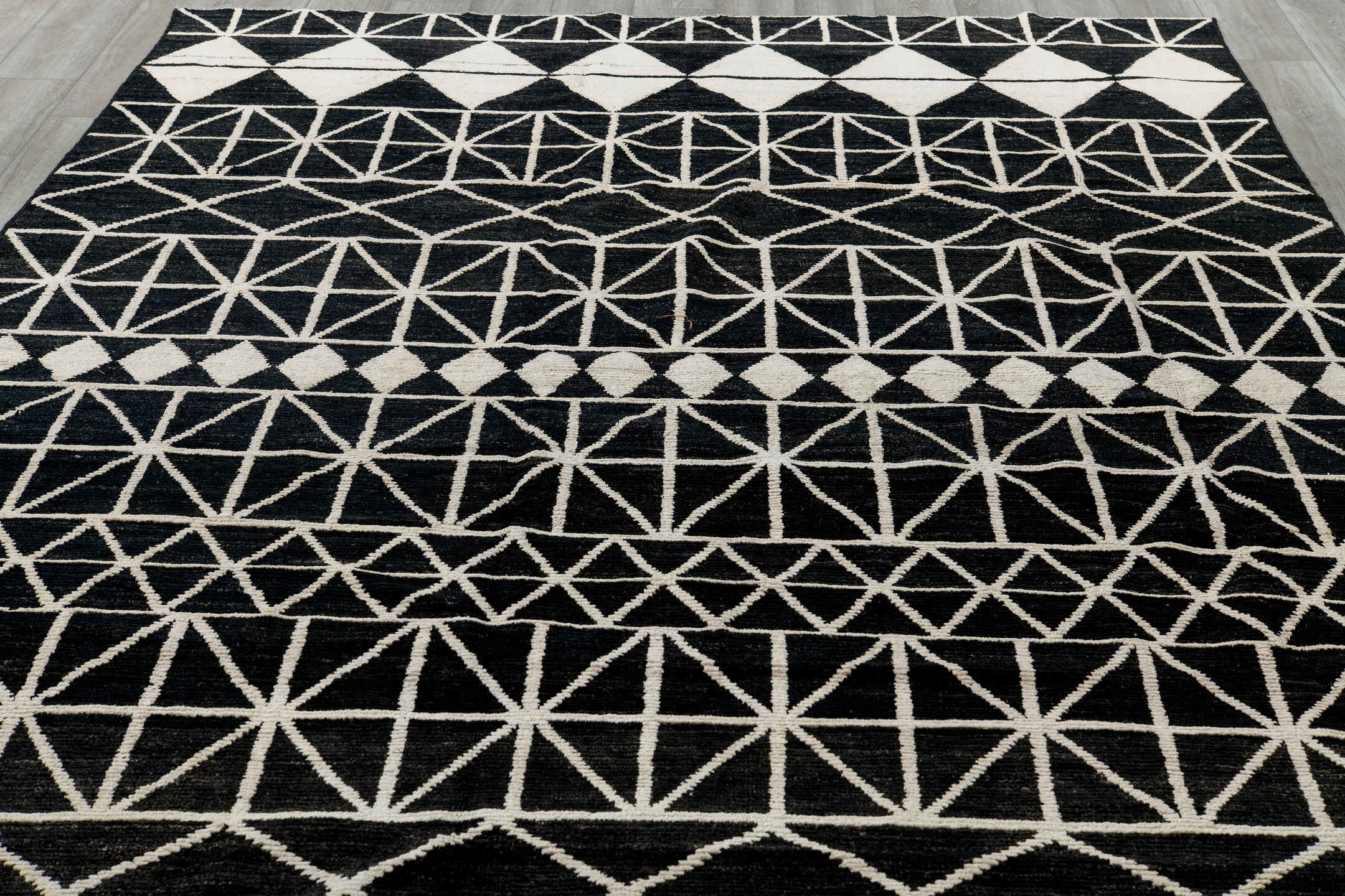 7' x 10' one-of-a-kind handmade vintage Tulu large size rug. Color palette: black, charcoal, dark gray, dim gray, gray