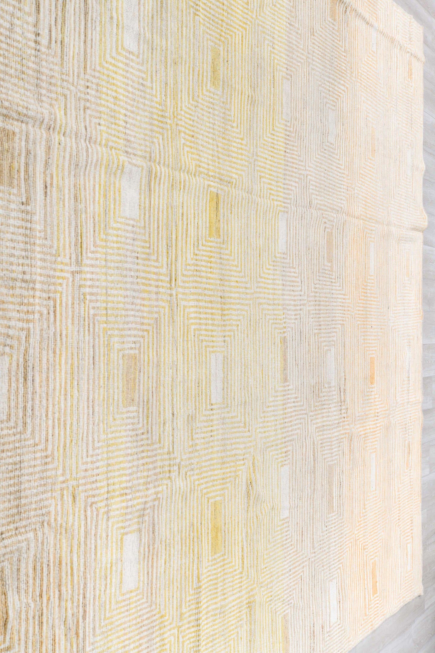 10' x 13' one-of-a-kind handmade vintage Tulu large size rug. Color palette: ivory, pale gold, cream, beige, camel, gold