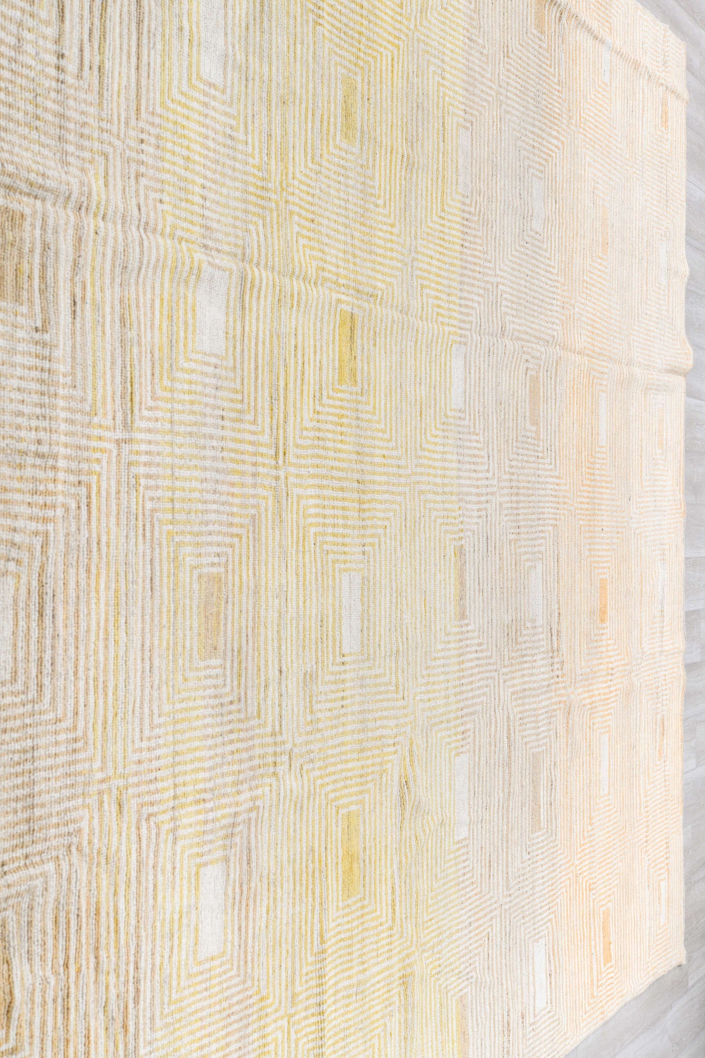 10' x 13' one-of-a-kind handmade vintage Tulu large size rug. Color palette: ivory, pale gold, cream, beige, camel, gold