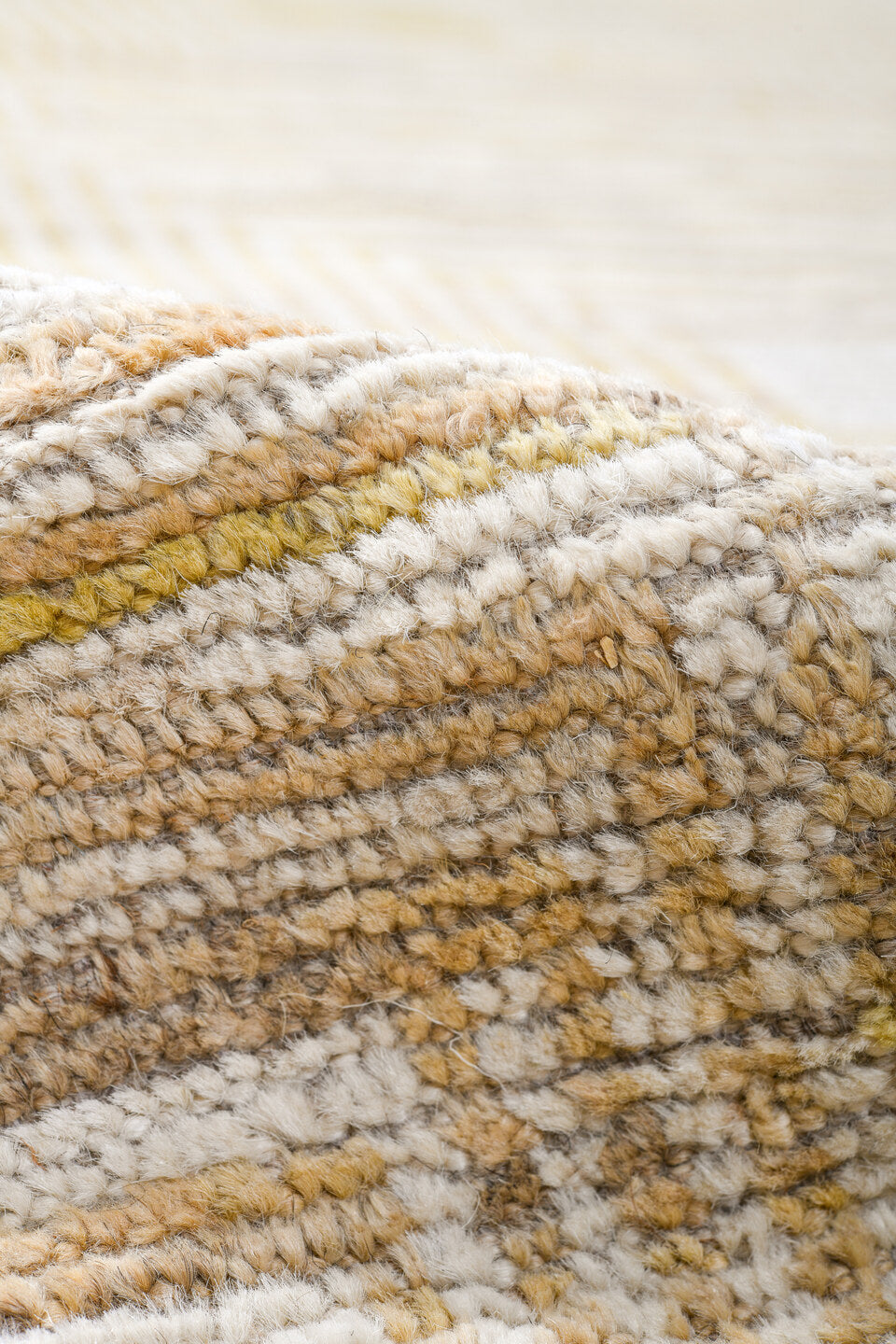 10' x 13' one-of-a-kind handmade vintage Tulu large size rug. Color palette: ivory, pale gold, cream, beige, camel, gold