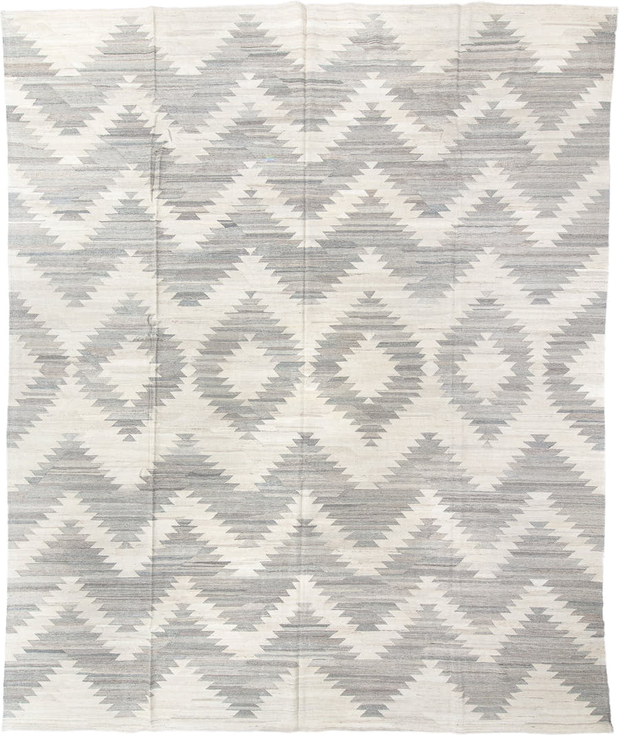 3' x 9' one-of-a-kind handmade vintage Kilim runner rug. Color palette: ivory, pale gray, cream, taupe, light gray, beige