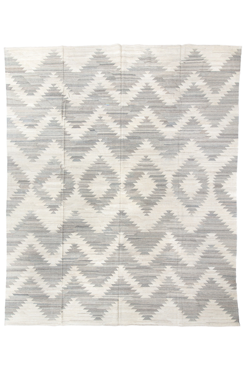 13' x 16' one-of-a-kind handmade vintage Kilim oversize rug. Color palette: dark gray, dim gray, floral white, gainsboro