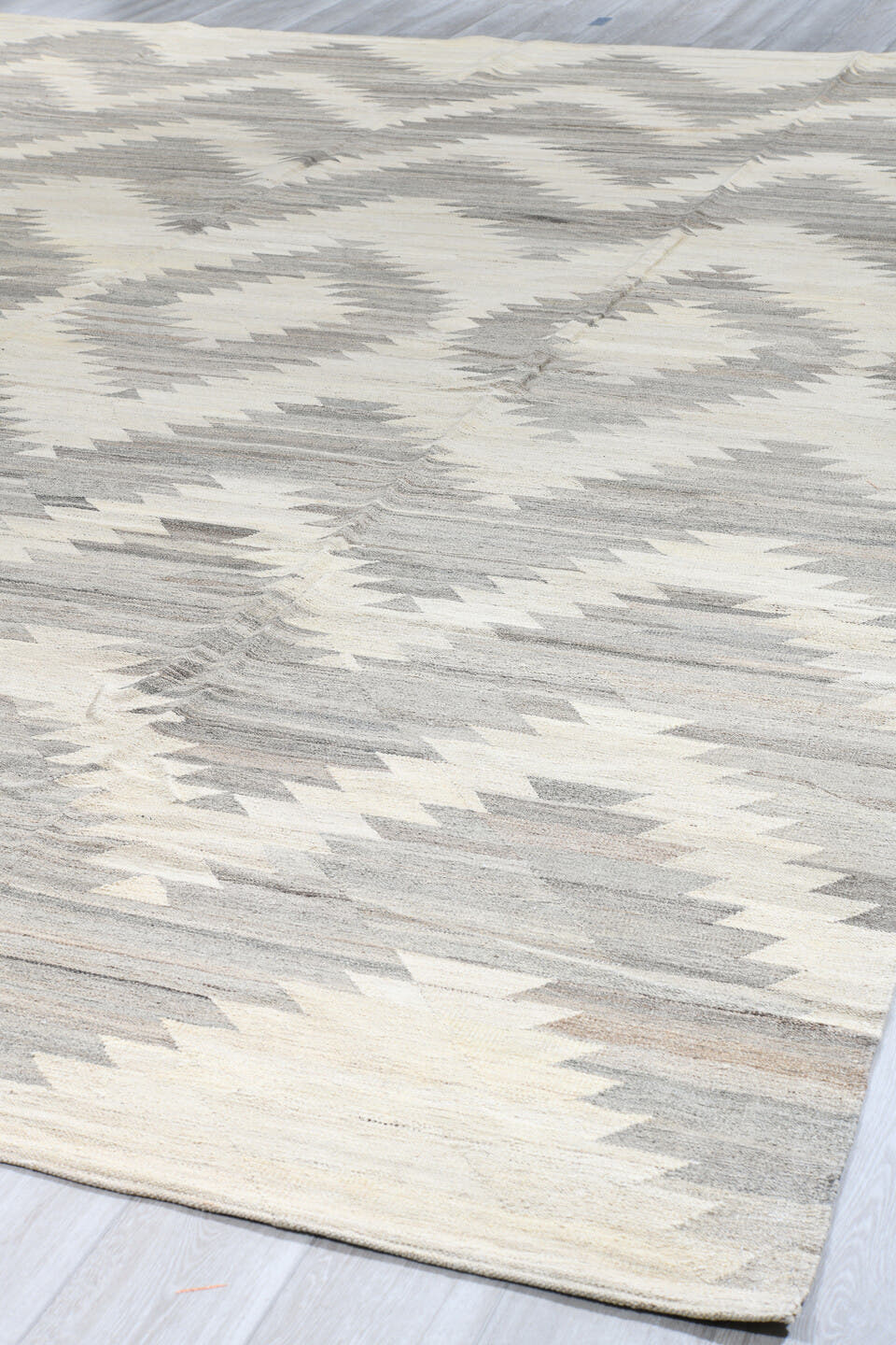3' x 9' one-of-a-kind handmade vintage Kilim runner rug. Color palette: ivory, pale gray, cream, taupe, light gray, beige