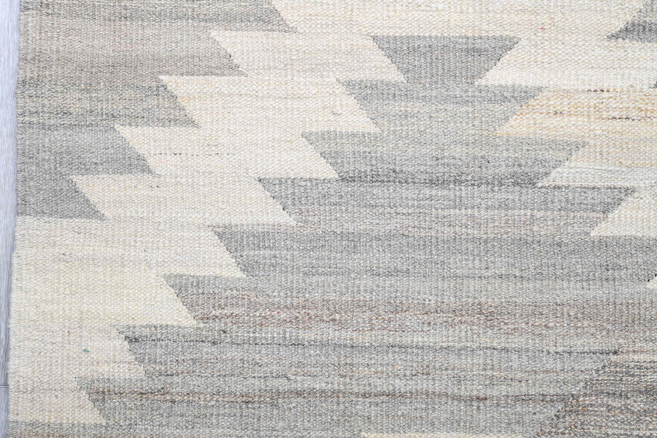 3' x 9' one-of-a-kind handmade vintage Kilim runner rug. Color palette: ivory, pale gray, cream, taupe, light gray, beige