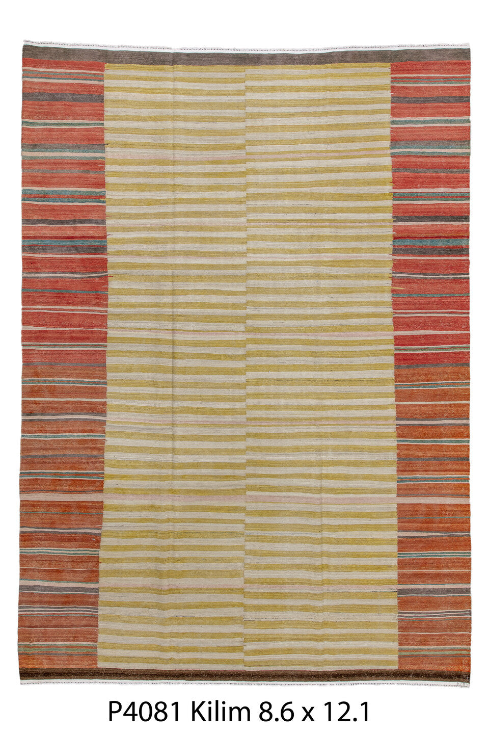 8' x 12' one-of-a-kind handmade vintage Kilim large size rug. Color palette: blue, brown, burlywood, gray, off-white, pink