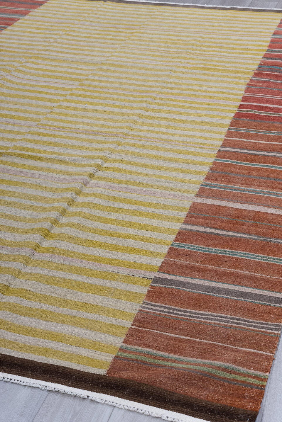 12' x 14' one-of-a-kind handmade vintage Kilim oversize rug. Color palette: ivory, gold, rust, terra cotta, charcoal, teal