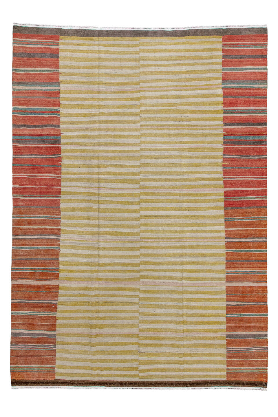 12' x 14' one-of-a-kind handmade vintage Kilim oversize rug. Color palette: ivory, gold, rust, terra cotta, charcoal, teal