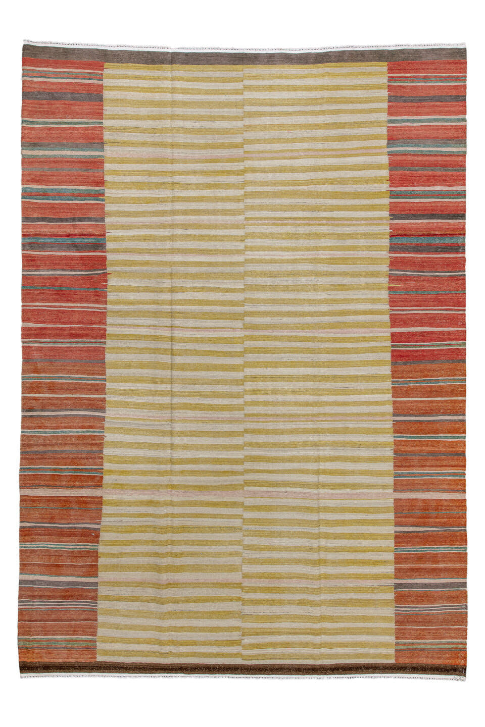 8' x 12' one-of-a-kind handmade vintage Kilim large size rug. Color palette: ivory, gold, rust, terra cotta, charcoal, teal
