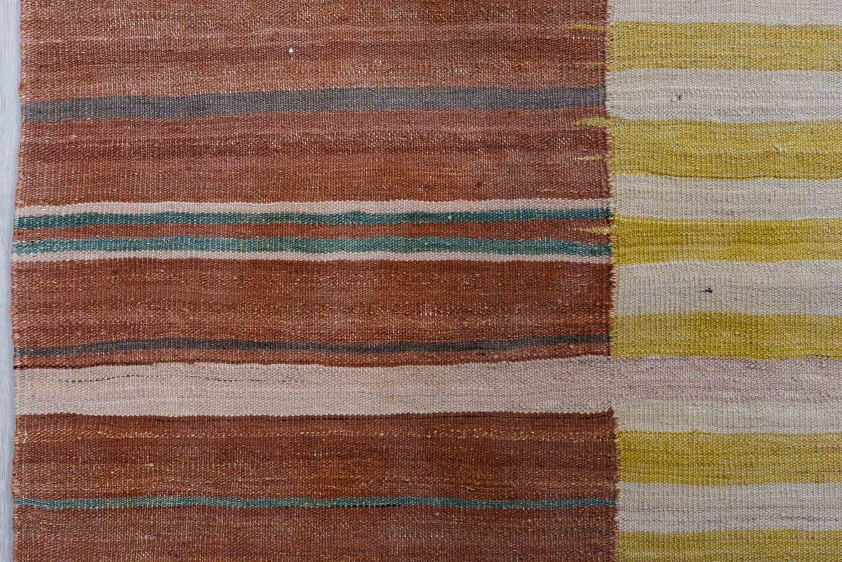 8' x 12' one-of-a-kind handmade vintage Kilim large size rug. Color palette: ivory, gold, rust, terra cotta, charcoal, teal