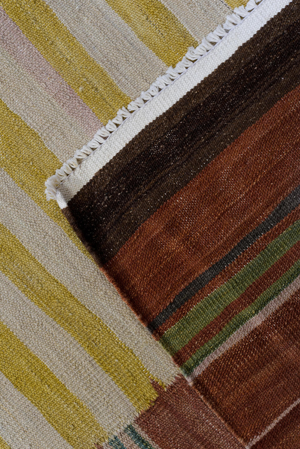 12' x 14' one-of-a-kind handmade vintage Kilim oversize rug. Color palette: ivory, gold, rust, terra cotta, charcoal, teal