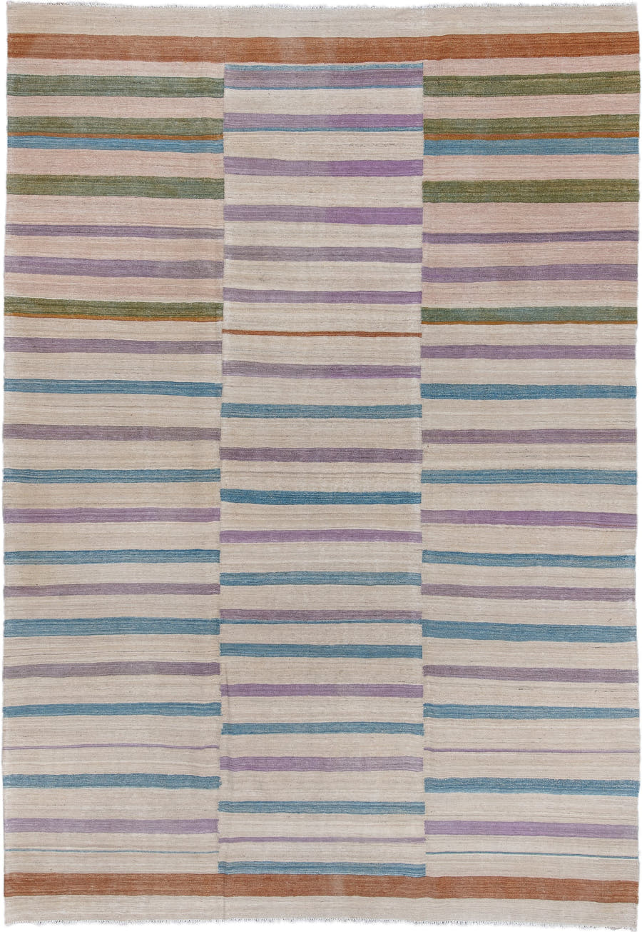 8' x 11' one-of-a-kind handmade vintage Kilim large size rug. Color palette: ivory, lavender, sky blue, olive, blush, rust