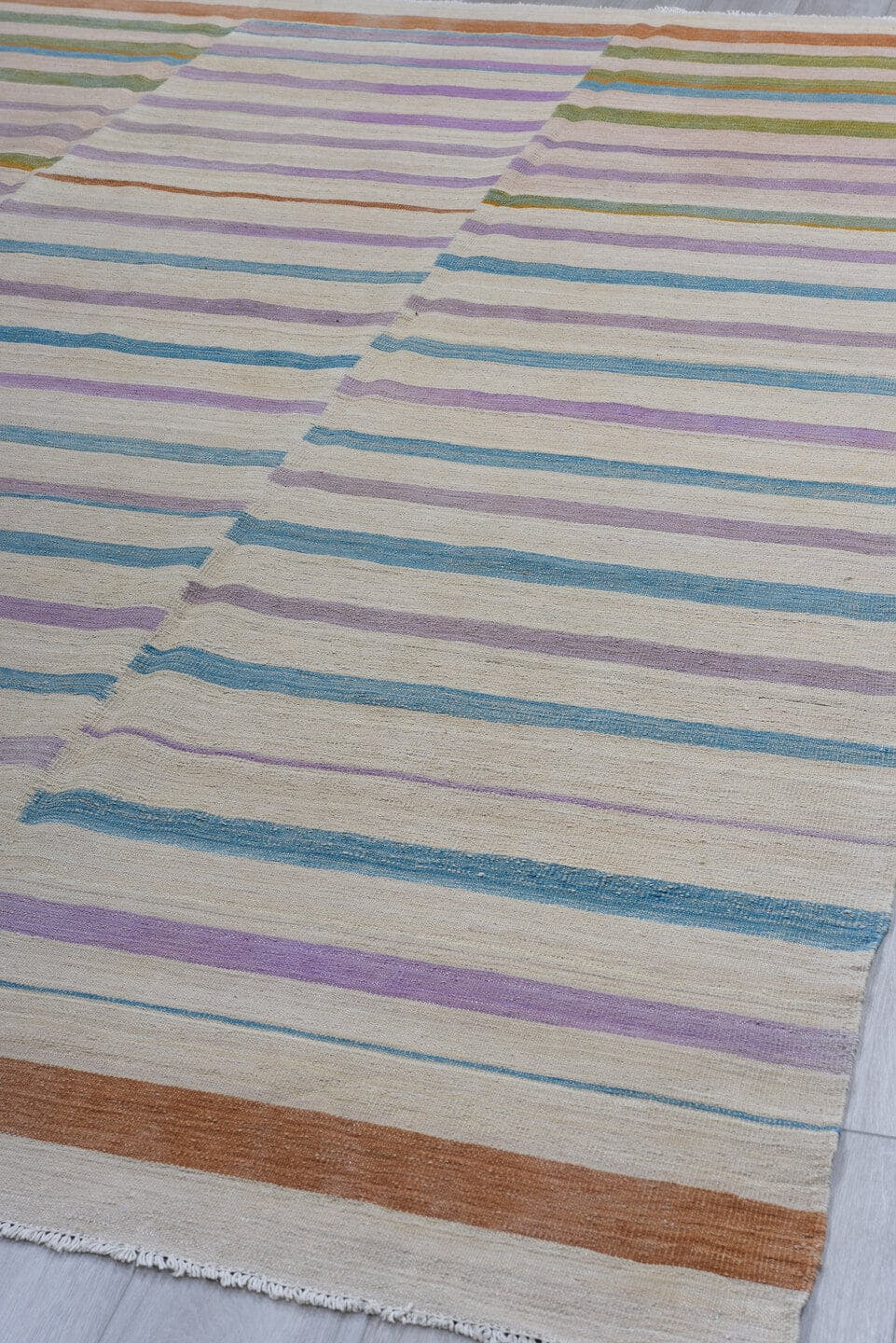 8' x 11' one-of-a-kind handmade vintage Kilim large size rug. Color palette: ivory, lavender, sky_blue, olive, blush, rust