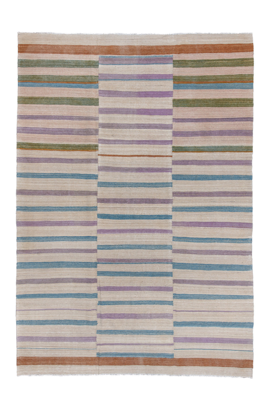 8' x 11' one-of-a-kind handmade vintage Kilim large size rug. Color palette: ivory, lavender, sky blue, olive, blush, rust