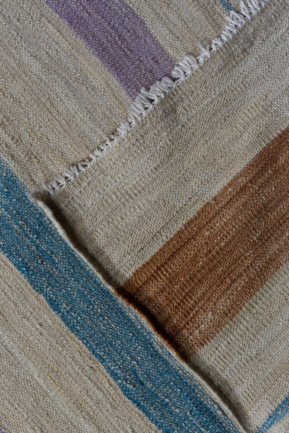 8' x 11' one-of-a-kind handmade vintage Kilim large size rug. Color palette: ivory, lavender, sky blue, olive, blush, rust