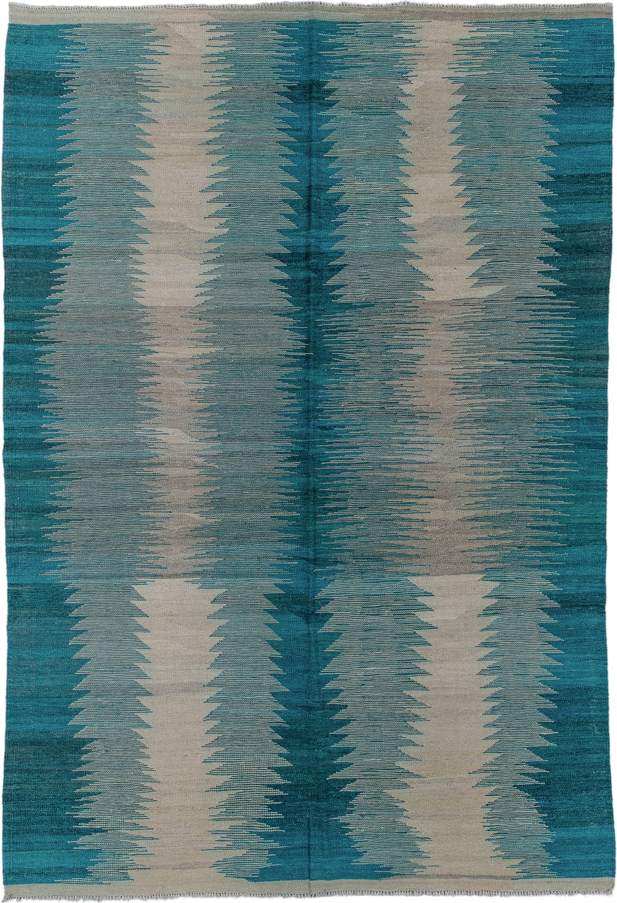 8' x 11' one-of-a-kind handmade vintage Kilim large size rug. Color palette: teal, ivory, aqua, turquoise, slate, gray
