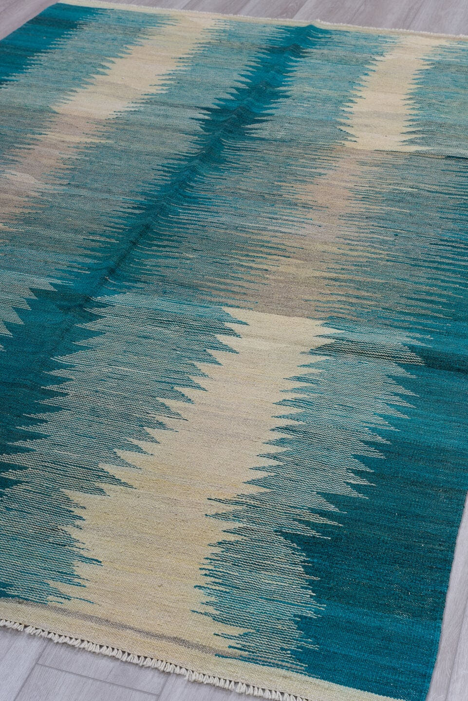 8' x 11' one-of-a-kind handmade vintage Kilim large size rug. Color palette: teal, ivory, aqua, turquoise, slate, gray