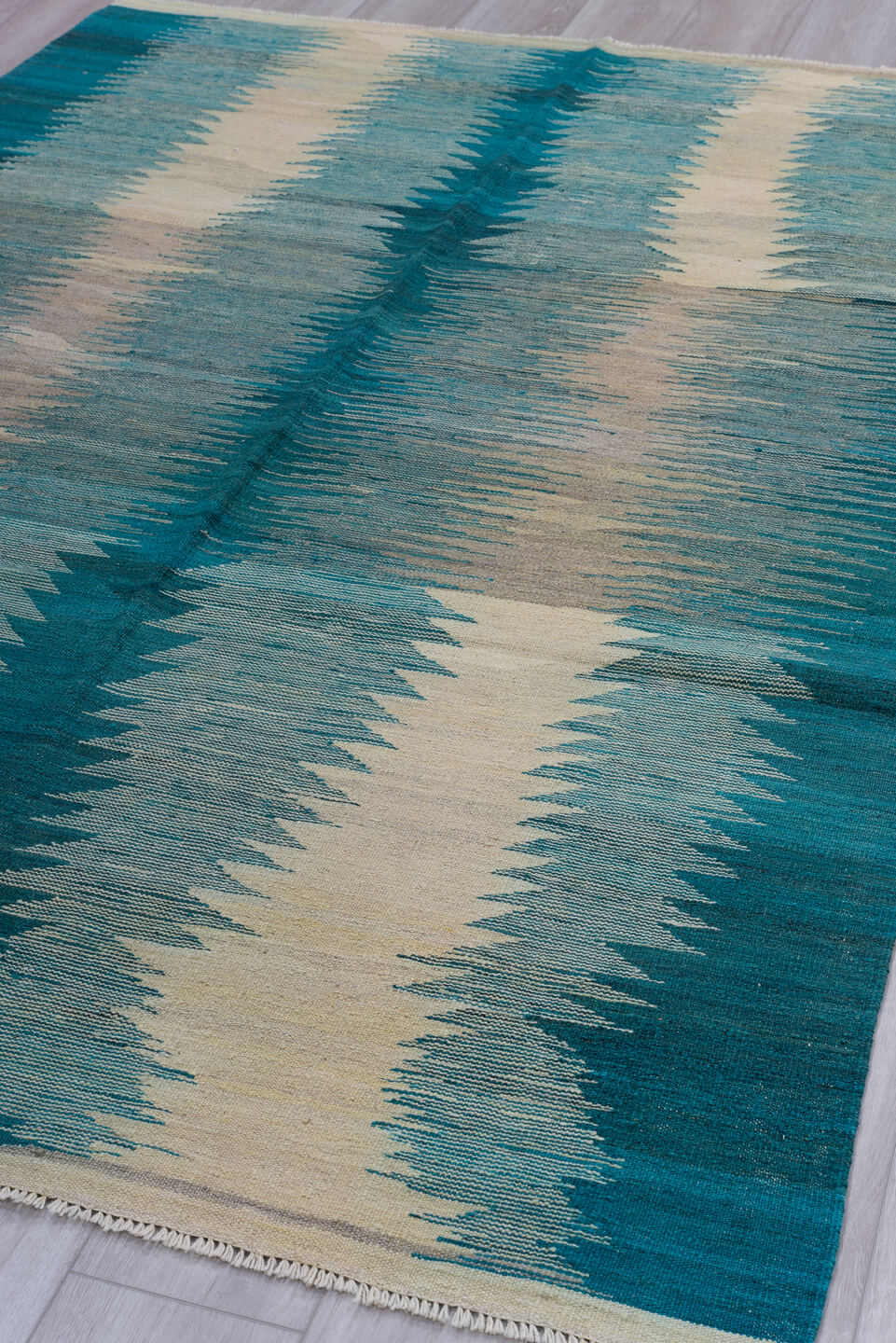 8' x 11' one-of-a-kind handmade vintage Kilim large size rug. Color palette: teal, ivory, aqua, turquoise, slate, gray