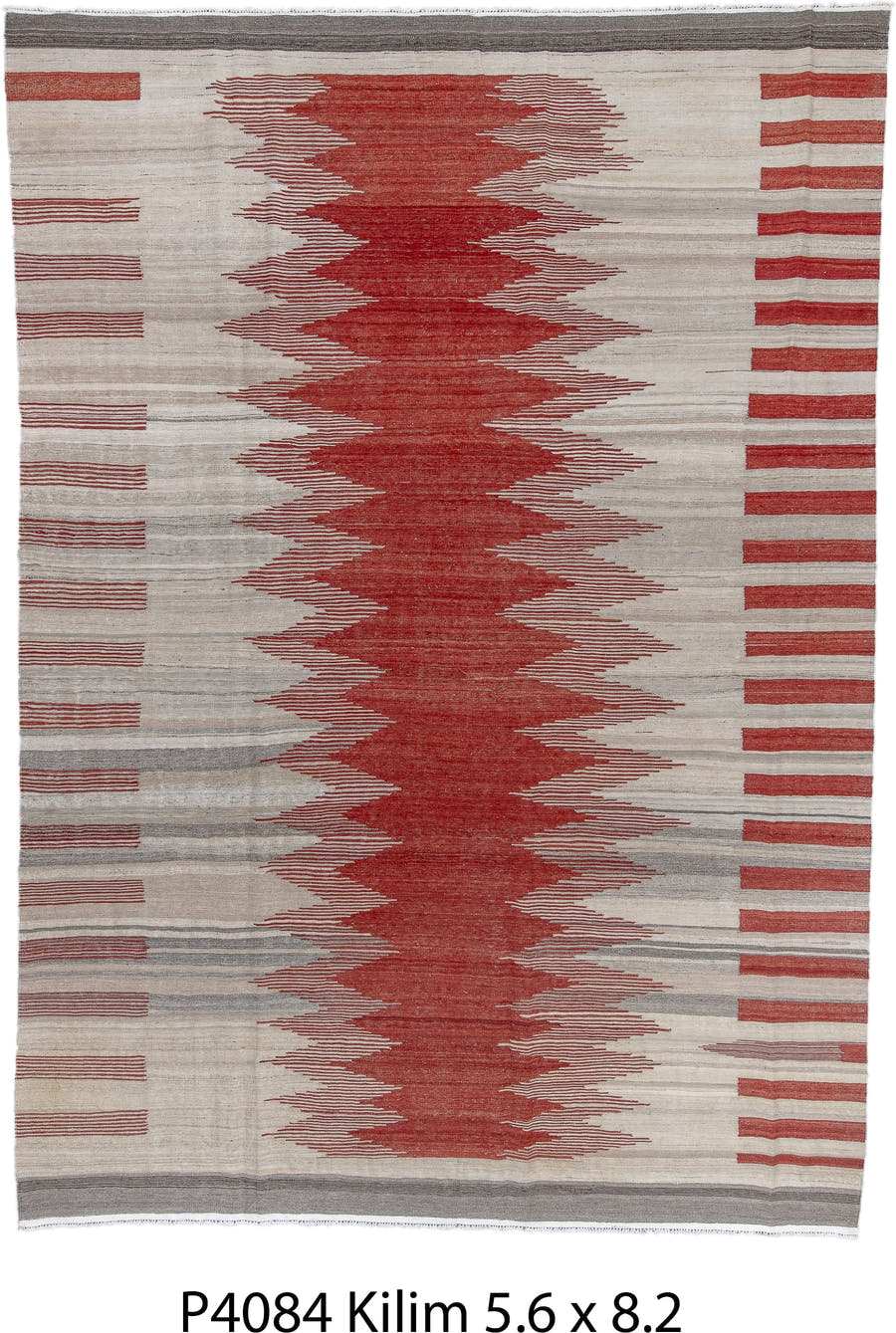 8' x 12' one-of-a-kind handmade vintage Kilim large size rug. Color palette: ivory, terra cotta, taupe, gray, charcoal