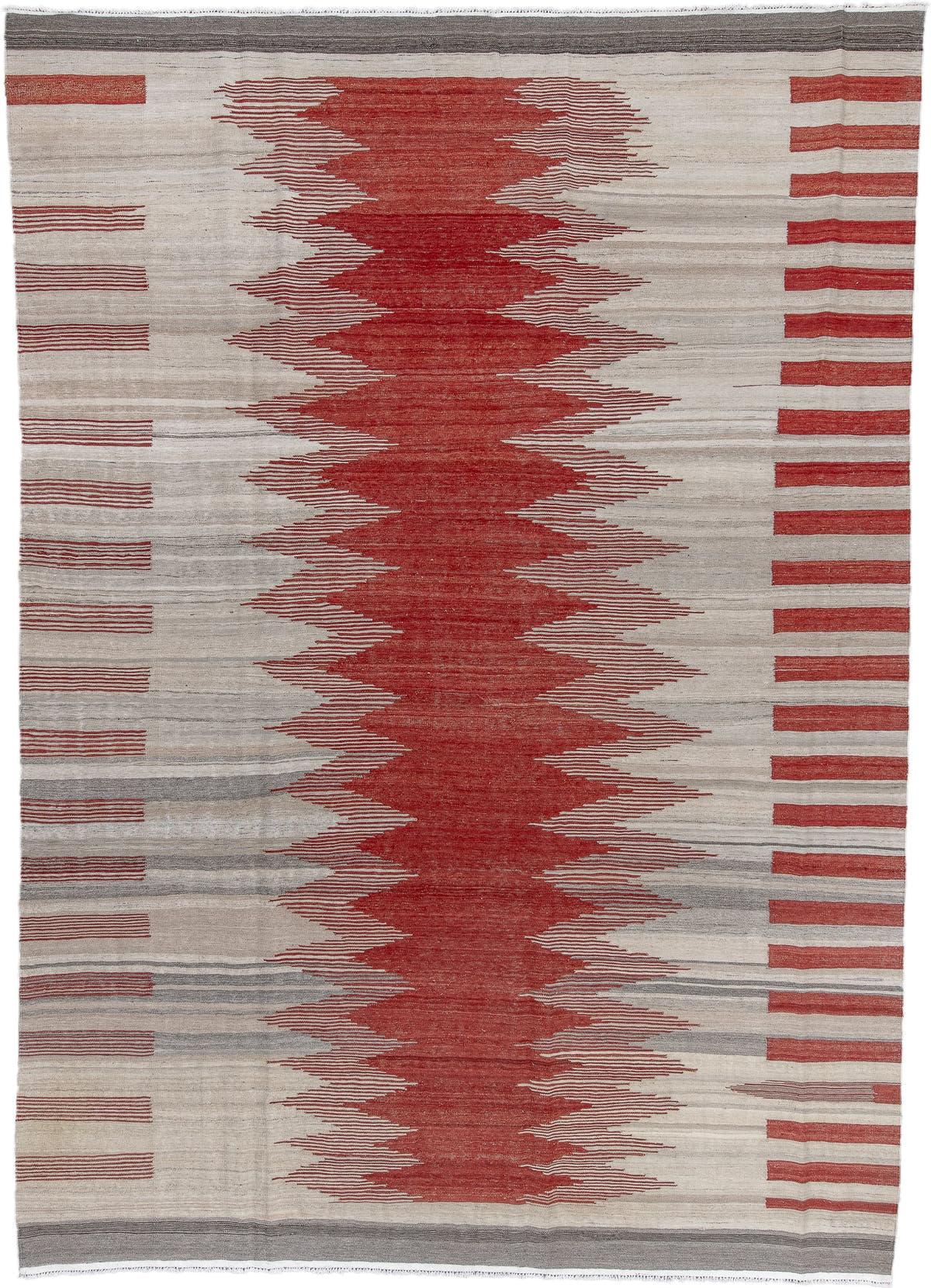 8' x 12' one-of-a-kind handmade vintage Kilim large size rug. Color palette: ivory, terra cotta, taupe, gray, charcoal