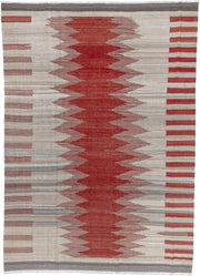 8' x 12' one-of-a-kind handmade vintage Kilim large size rug. Color palette: ivory, terra cotta, taupe, gray, charcoal