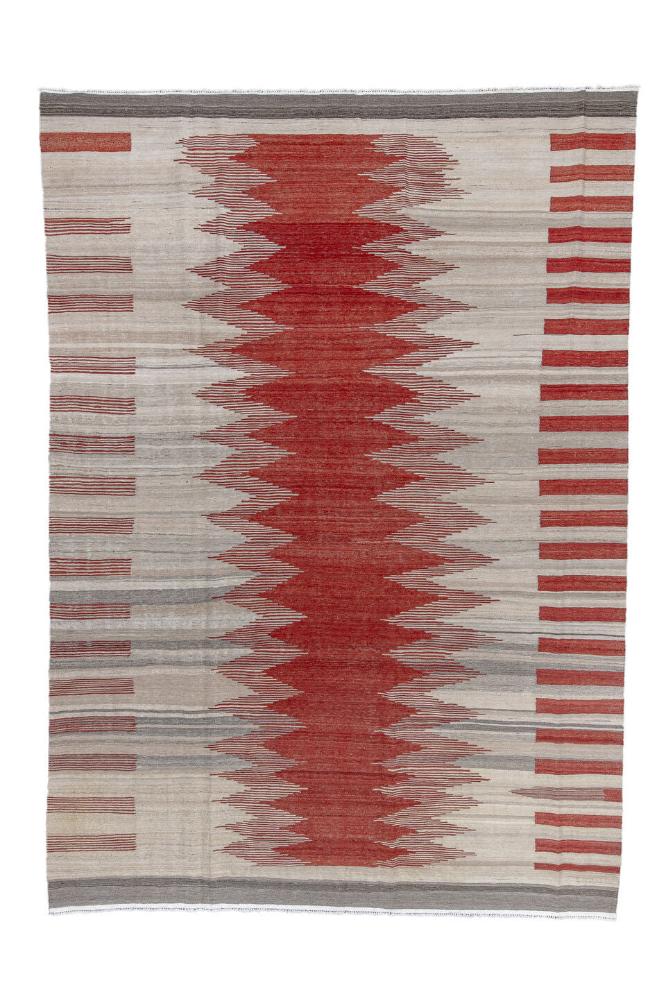 8' x 12' one-of-a-kind handmade vintage Kilim large size rug. Color palette: ivory, terra cotta, taupe, gray, charcoal