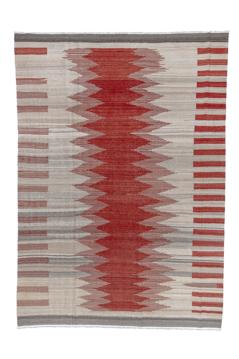 8' x 12' one-of-a-kind handmade vintage Kilim large size rug. Color palette: ivory, terra cotta, taupe, gray, charcoal