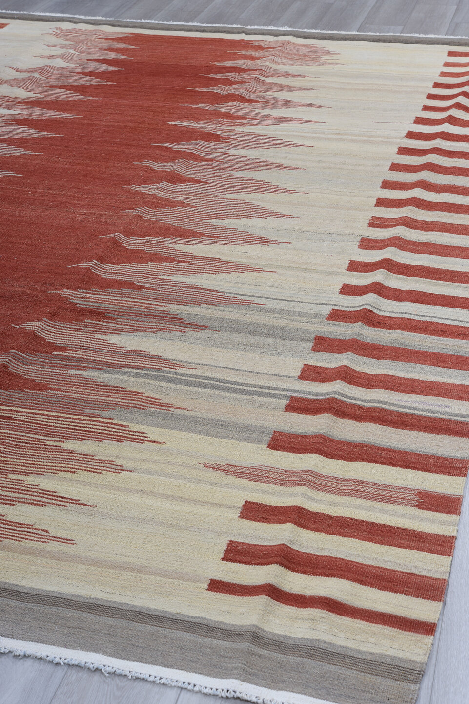 8' x 12' one-of-a-kind handmade vintage Kilim large size rug. Color palette: ivory, terra cotta, taupe, gray, charcoal