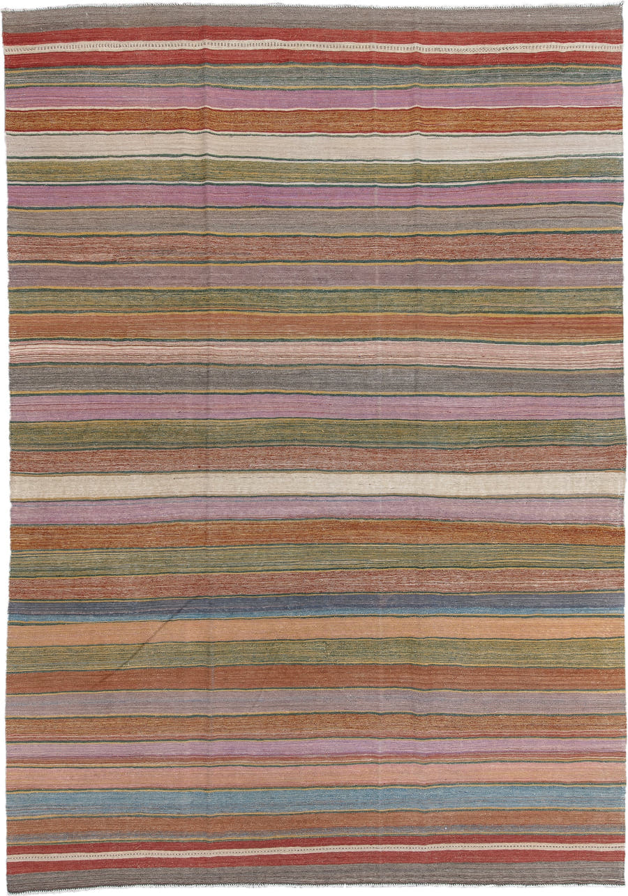 8' x 12' one-of-a-kind handmade vintage Kilim large size rug. Color palette: rose, rust, sage, ivory, taupe, slate