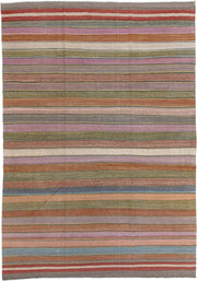 8' x 12' one-of-a-kind handmade vintage Kilim large size rug. Color palette: rose, rust, sage, ivory, taupe, slate