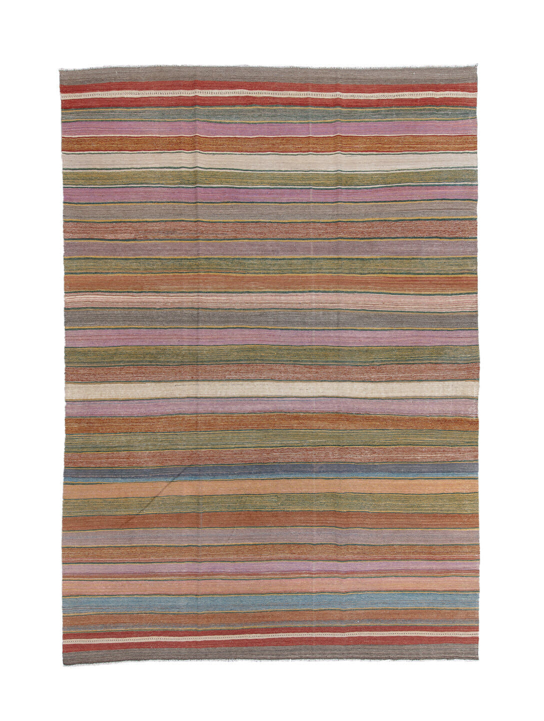 8' x 12' one-of-a-kind handmade vintage Kilim large size rug. Color palette: rose, rust, sage, ivory, taupe, slate