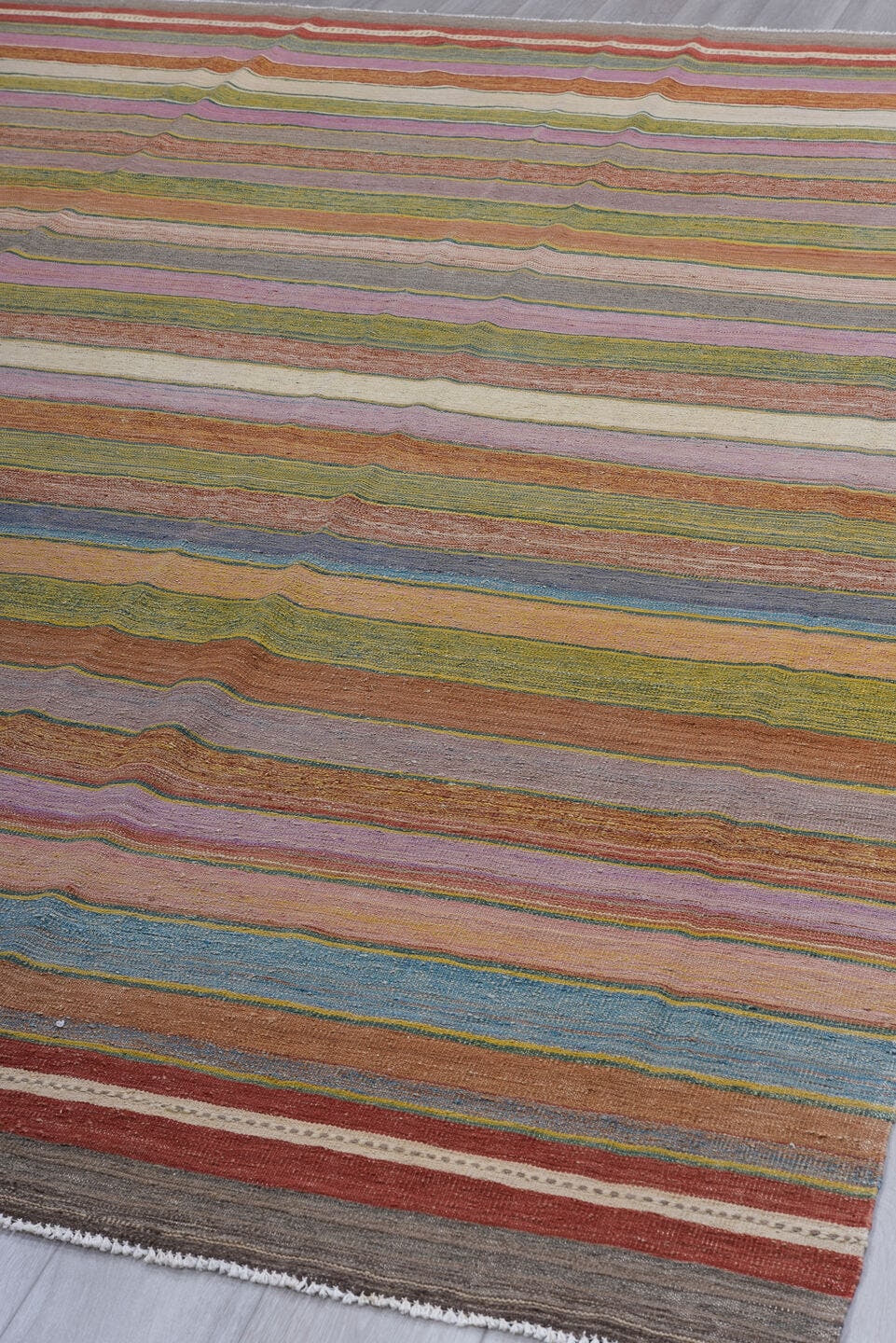 8' x 12' one-of-a-kind handmade vintage Kilim large size rug. Color palette: rose, rust, sage, ivory, taupe, slate