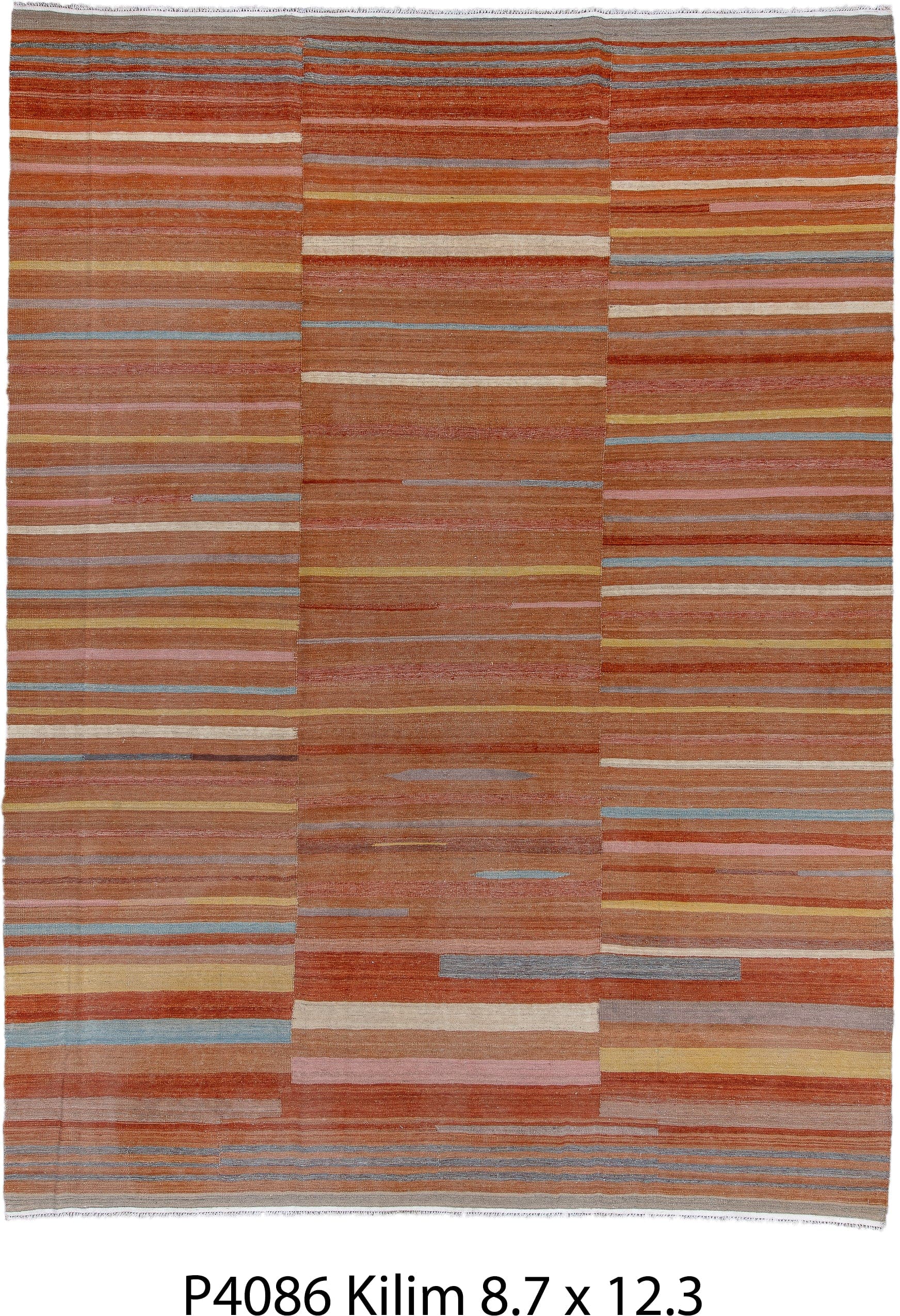9' x 12' one-of-a-kind handmade vintage Kilim large size rug. Color palette: terra cotta, rust, camel, ivory, gold, blush