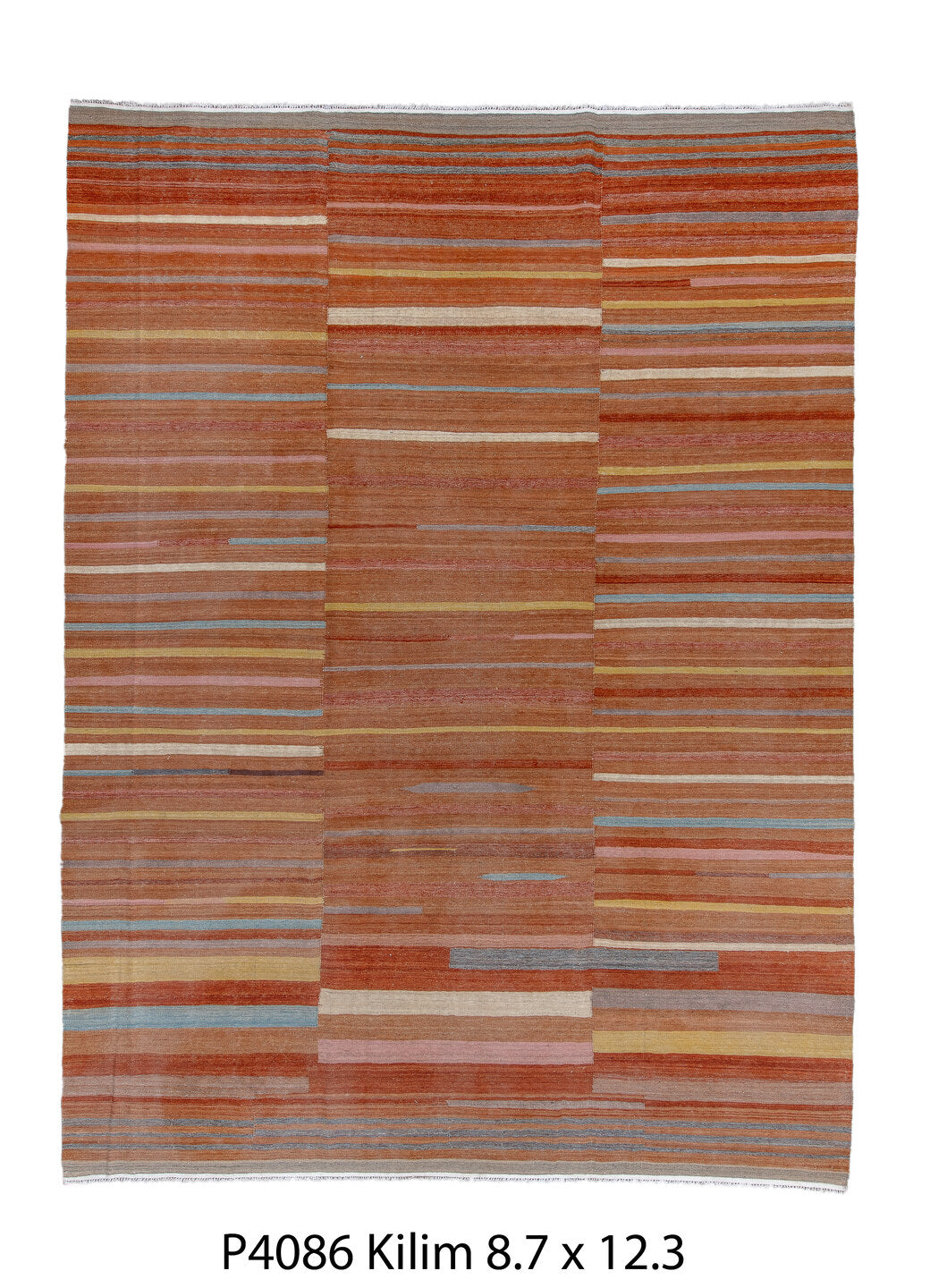 9' x 12' one-of-a-kind handmade vintage Kilim large size rug. Color palette: brown, burlywood, dark gray, dim gray