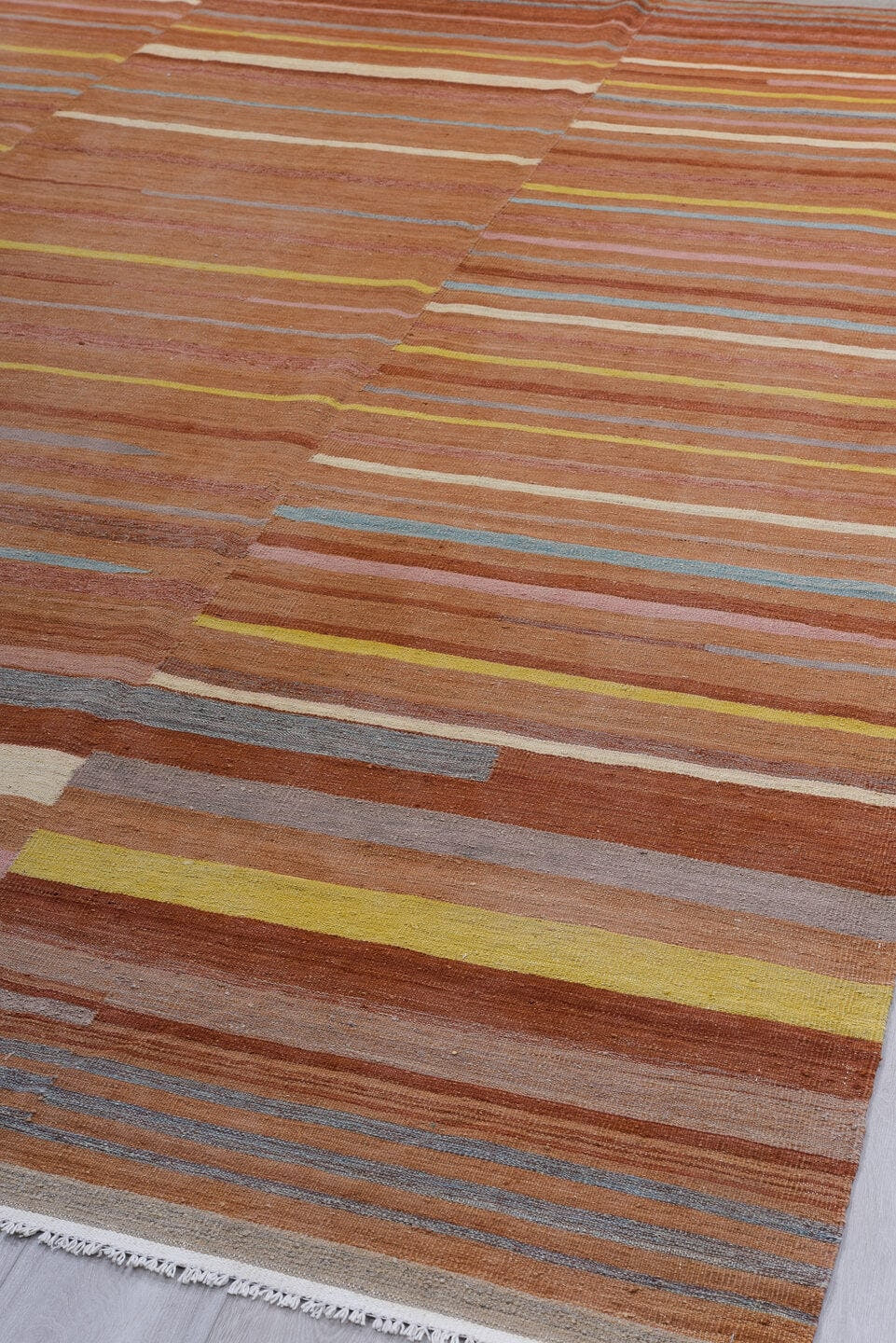 9' x 12' one-of-a-kind handmade vintage Kilim large size rug. Color palette: terra cotta, rust, camel, ivory, gold, blush